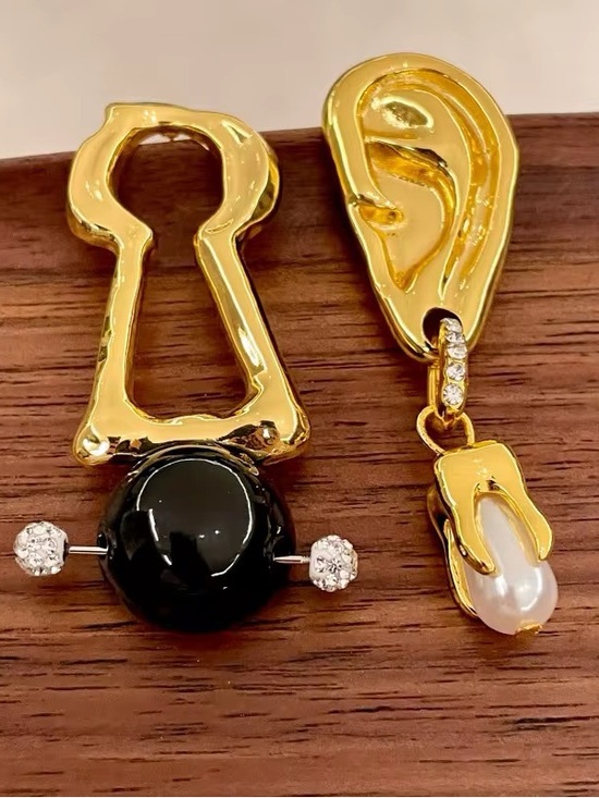 Schiaparelli Jewelry - Gold-Tone Asymmetrical Ear & Keyhole Drop Earrings with Black and Pearl Accents